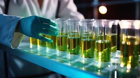 The hand of a laboratory assistant stirring a test in a test tube before analysis.の素材