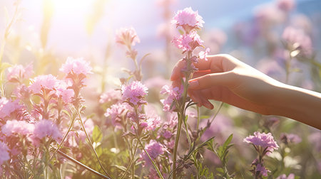 The softness of the summer moment: the hand on the flower field, embodied freshness and carefree.の素材