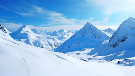 Snow mountains against the backdrop of a clear winter sky, emphasizing their majesty.の素材