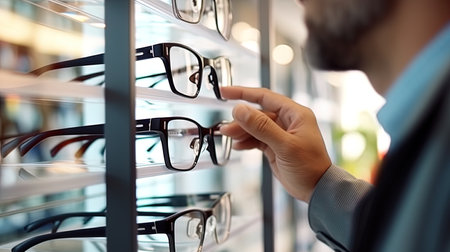 The client is trying on different glasses in the optical store.の素材