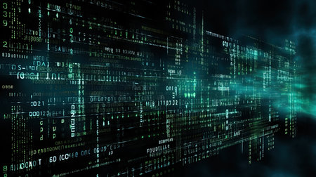 The collage of digital codes on a dark background.の素材