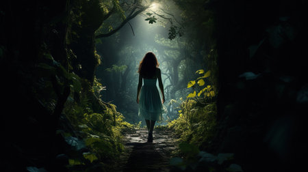 The secrets of the forest is a mysterious light in the depths of the forest with a girl in a dress.の素材