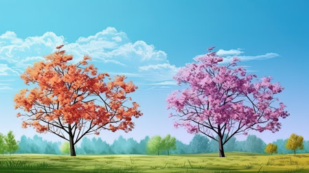 The heyday of nature spring trees in color against the background of the blue sky.の素材