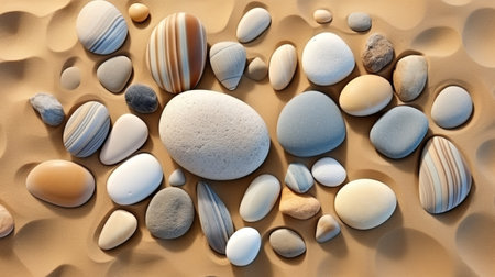 Modern in nature is an abstract composition of stones on the sandy shore.の素材
