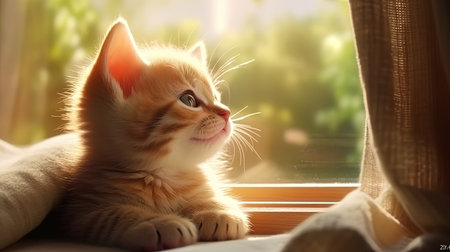 The moment of rest is a kitten lying on the window and looking outside.の素材