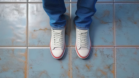 Legs in jeans and sneakers on tiles showing the cleaning process.の素材