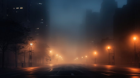 The lights in the fog is a city panorama in a fog with flickering lights.の素材
