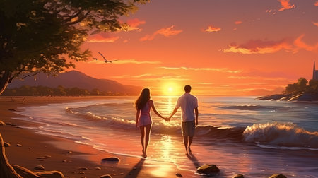 Summer breeze couple, walking along the seashore in the rays of the setting sun.の素材