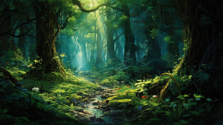 A mysterious forest penetrates through thick foliage.の素材