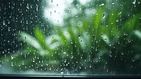 Behind the glass drops of rain on the window.の素材