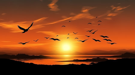 Birds in flight silhouettes against the background of the setting sun.の素材