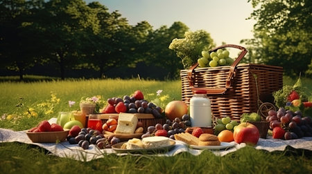 A picnic in nature is a rug with food and drinks in the meadow.の素材