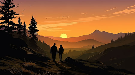 Evening walk in the mountains of silhouettes against the background of sunset.の素材