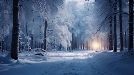 Magic of winter forest trees in the snow in the evening light.の素材