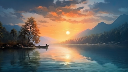 Delicate dawn the first rays against the background of the lake.の素材