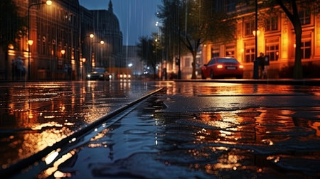 Evening street in the rain of reflection of lights in wet asphalt.の素材