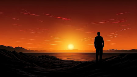 The silhouette of a man against the breathtaking sunset sky, surrounded by the beautyの素材