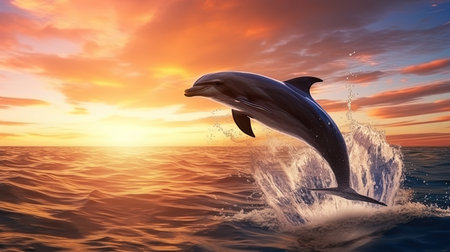 Dolphins at sunset playful sea inhabitants.の素材