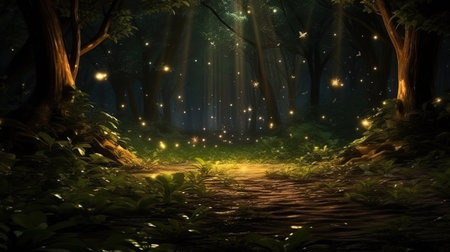 Forest light of firefly in a dark forest.の素材