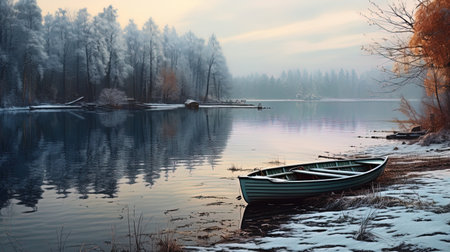 Lake with boats is a quiet lake with boats on a winter evening.の素材