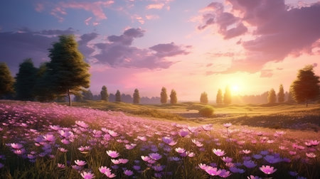 Pink glade flowering meadows under the rays of sunset.の素材