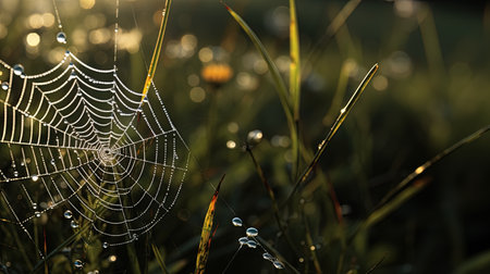 A web at dawn on the grass.の素材