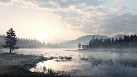 The rising fog of the haze rising above the quiet reservoir.の素材