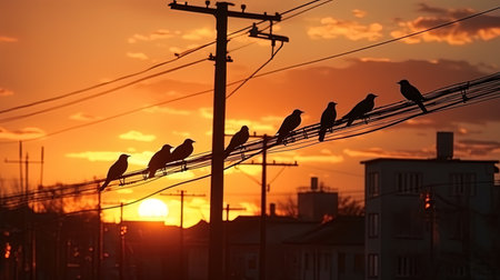 Birds on the wires of the contrast of the city and nature.の素材