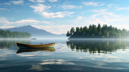 An island of calm boat on a mirror lake.の素材