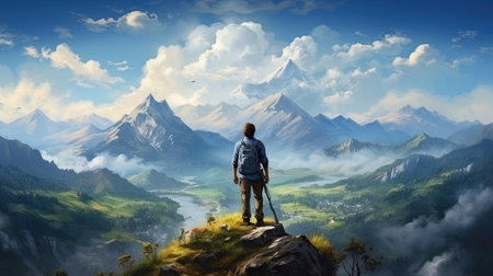 Harmony among the mountains is a person on a rock with a view of the mountains.の素材