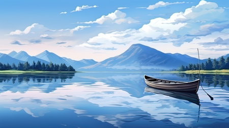 Calm the lake mirror surface of water and boat.の素材