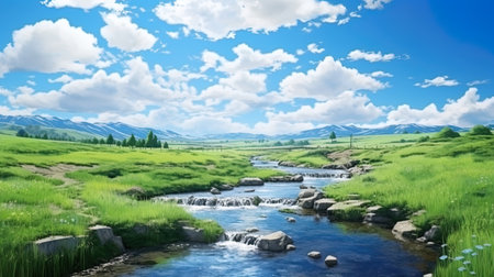 Spring stream water runs along the green valley.の素材