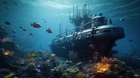 Submarine meeting a meeting of fish in the depths of the ocean.の素材