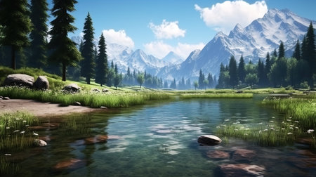 Harmony of the nature of the lake among mountains and forests.の素材