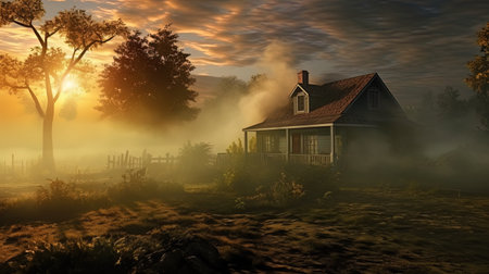 The mysterious haze of the house in the fog at dawn.の素材
