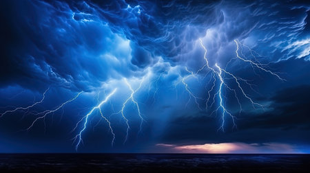 Summer thunderstorm of lightning against the background of the dark sky.の素材