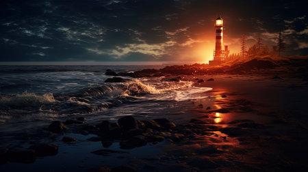 The guide fire is a lighthouse on the shore in the dark.の素材