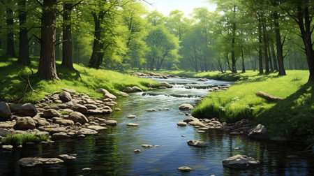 Spring stream river among green shores.の素材