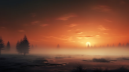 The foggy sunset is hidden in a thick fog.の素材