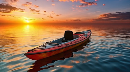 Supply kayak boat against the background of orange sunset.の素材
