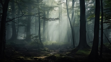 The forest in the fog is overgrown and trees in a mystical haze.の素材