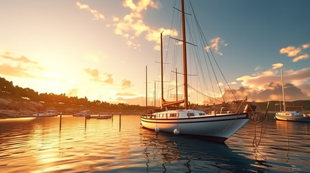 Calm harbor of the yacht in the sunset light.の素材
