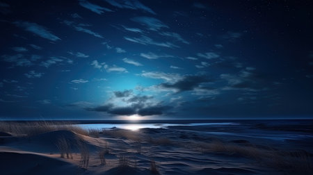 The rising moon shone on the horizon of the night sky.の素材