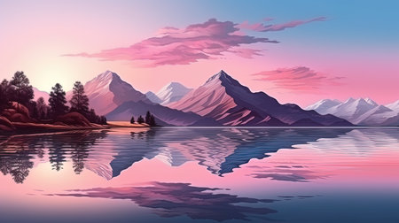 Pink mountains Reflection of sunset on the mountains in the lake.の素材