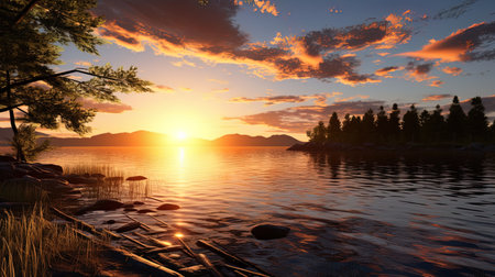 Sunset lake Lake under the rays of the outgoing sun.の素材
