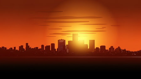 The silhouette of the city of the contours of buildings against the backdrop of the setting sun.の素材