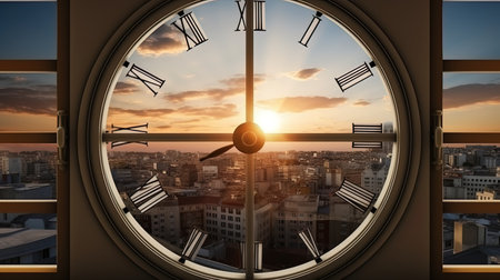 The time window in the old window with a view of the city.の素材