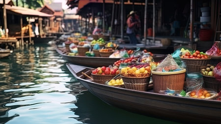 The floating market colored boats on the water.の素材