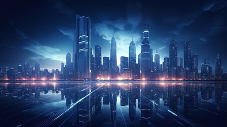 The futuristic city of the luminous buildings in the night.の素材