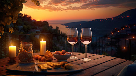The romance of the evening candles and wine at sunset.の素材